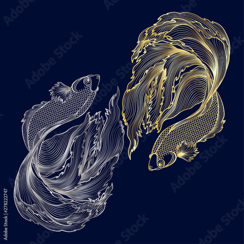 Hand drawn of fish isolated.Gold and silver version. Vector illustration.
