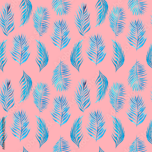 hand drawn watercolor simple floral tropical seamless pattern with colorful trendy palm tree leaves on coral background. design for cloth, textille, wrapping, gift paper