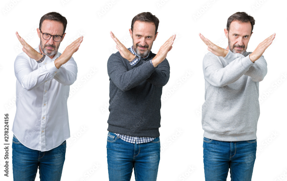 Collage of handsome senior man over white isolated background Rejection expression crossing arms doing negative sign, angry face Collage of handsome senior man over white isolated background Rejection expression crossing arms doing negative sign, angry face
