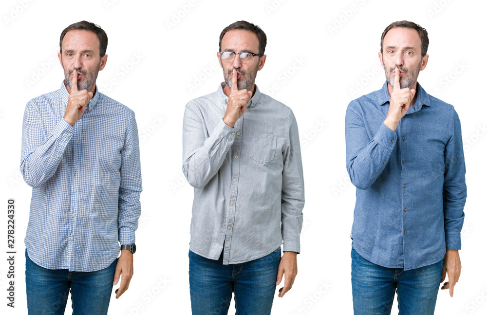 Collage of handsome senior business man over white isolated background asking to be quiet with finger on lips. Silence and secret concept. Collage of handsome senior business man over white isolated background asking to be quiet with finger on lips. Silence and secret concept.