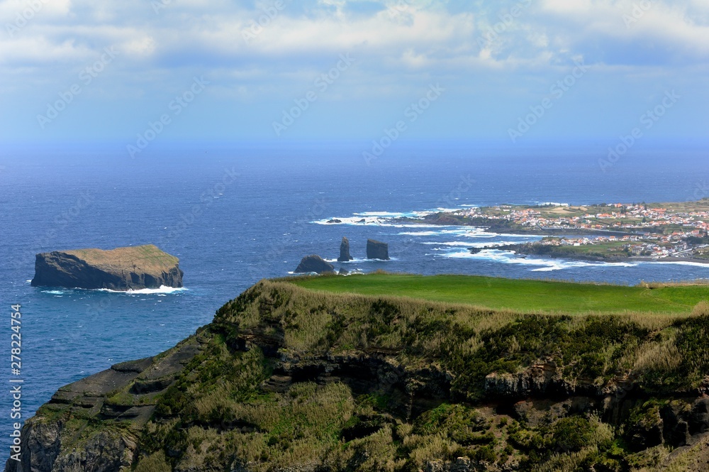 White water waves on the coastline of the Azores