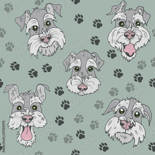 Pattern with Scottish Terrier  dogs, funny, sad, curious and offended faces of Terriers on a green background with traces of dog paws, seamless vector illustration