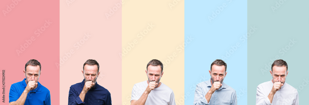 Obraz premium Collage of senior hoary handsome man over colorful stripes isolated background feeling unwell and coughing as symptom for cold or bronchitis. Healthcare concept.