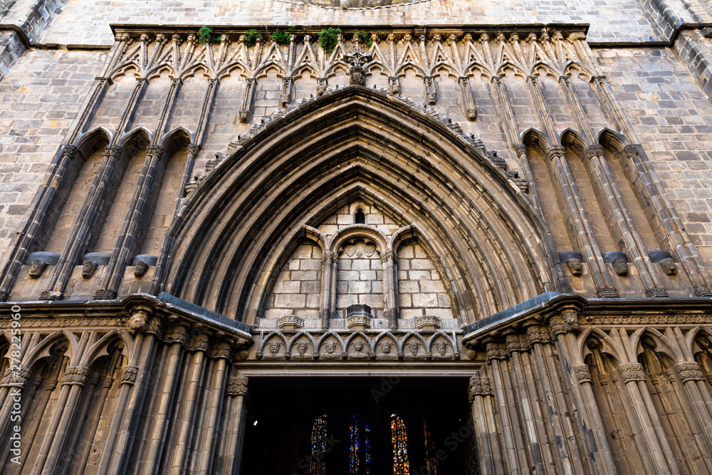 Esglesia de Santa Maria del PI. Decorated portal in typical catalan gothic style. Barcelona.