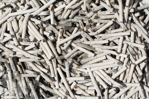 Cigarette butts. A pile of burnt out cigarettes with white cigarette filters.