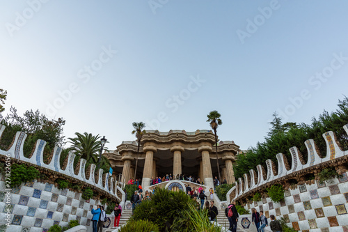 Photography Parc Guell, main stairs to the Sala Hipostila. Barcelona.