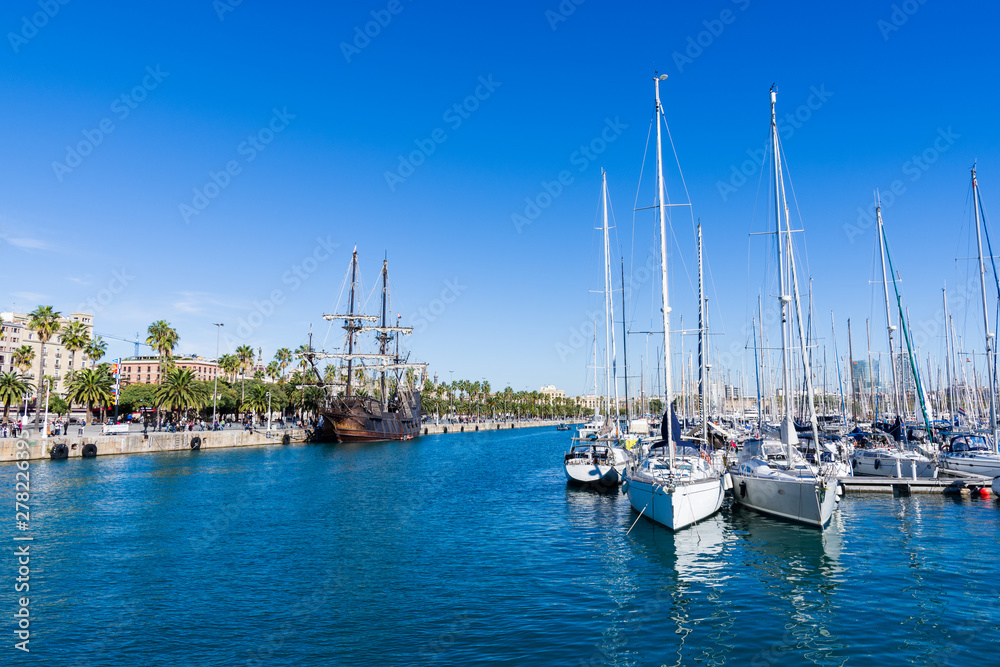 Sailboats in the harbour of Barcelona.