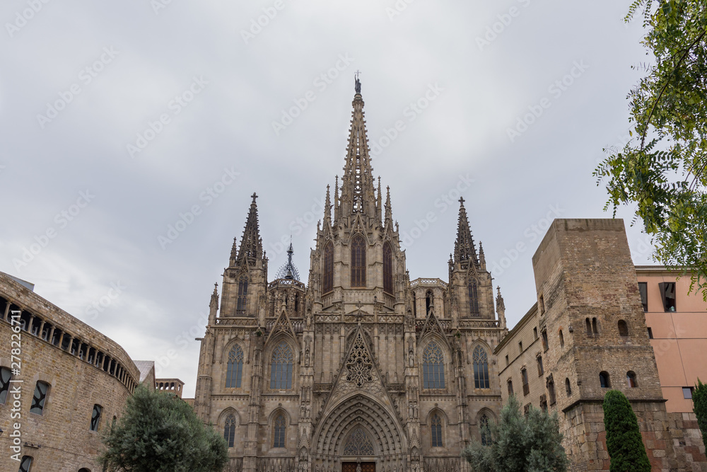 The Cathedral of Barcelona, detail of the main facade in typical gothic style with stone friezes and gargoyles. Barri Gotic, Barcelona.