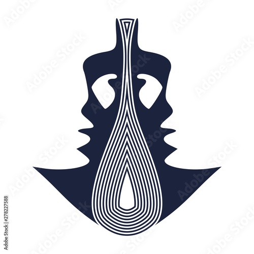 Face half turn view. Elegant silhouette of a two female heads.