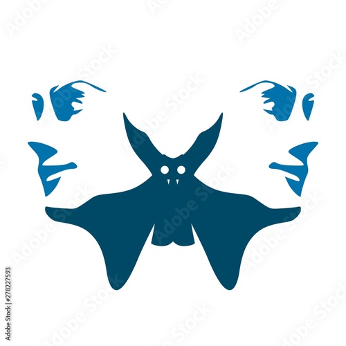 A bat or two face profile view. Optical illusion. Human head make silhouette of insect
