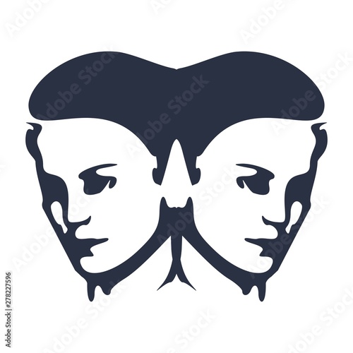 Face half turn view. Elegant silhouette of a two female heads.