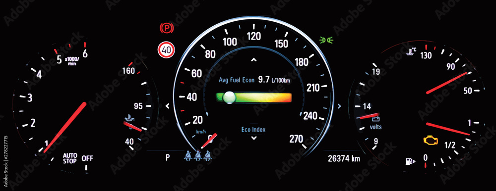 Illustration of car instrument panel with speedometer tachometer, odometer, car's temperature gauge, check engine warning light control. Average fuel economy consumption display on car dashboard panel