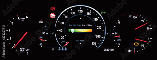 Illustration of car instrument panel with speedometer tachometer, odometer, car's temperature gauge, check engine warning light control. Average fuel economy consumption display on car dashboard panel