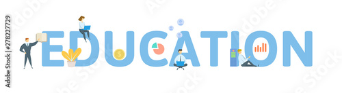 EDUCATION. Concept with people, letters and icons. Colored flat vector illustration. Isolated on white background.