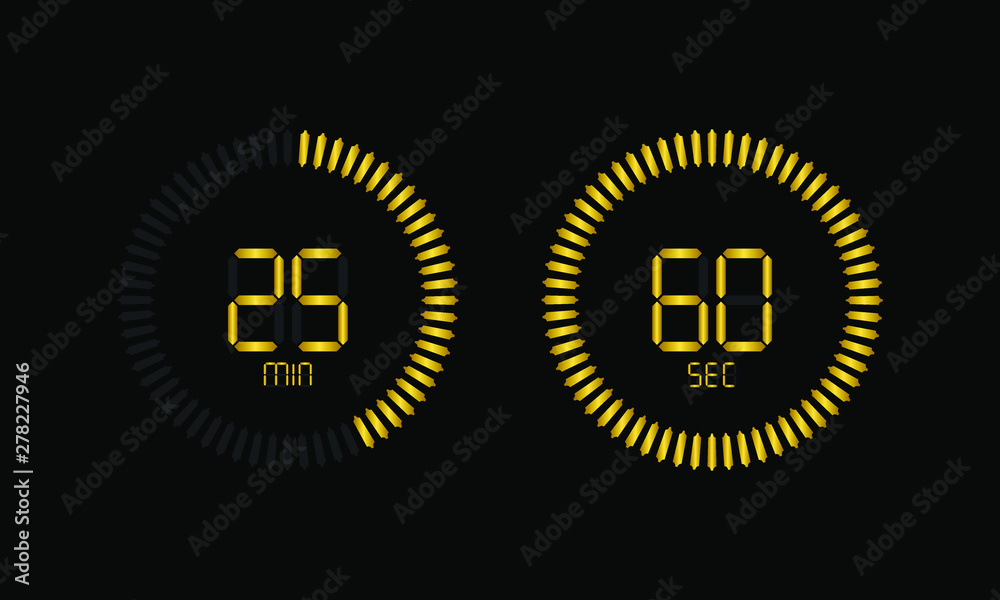 Fototapeta premium Stopwatch digital countdown timer with minutes and seconds vector display. Isolated gold on black background