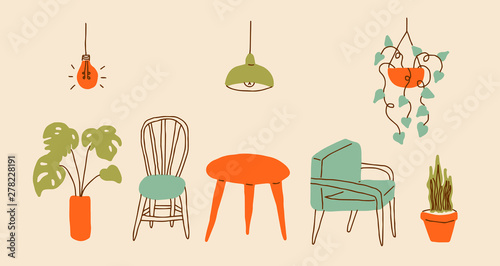 Colorful isolated 60s retro style furniture in simple, minimalist, hand drawn style. With happy colors and dark outline, cartoon like. For banners, graphic design, cards, web, print, with copy space