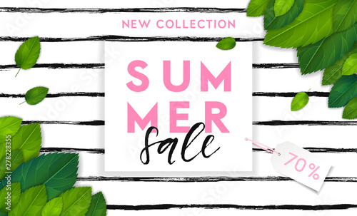 Summer horizontal background in geometrical bright style. Colorful banner template with realistic green leaves illustration. Vector, eps 10