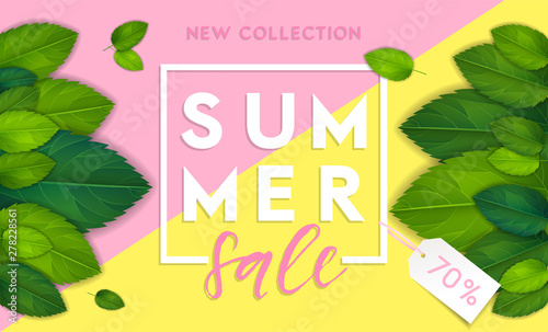 Fototapeta Naklejka Na Ścianę i Meble -  Summer horizontal background in geometrical bright style. Colorful banner template with realistic green leaves illustration. Vector, eps 10