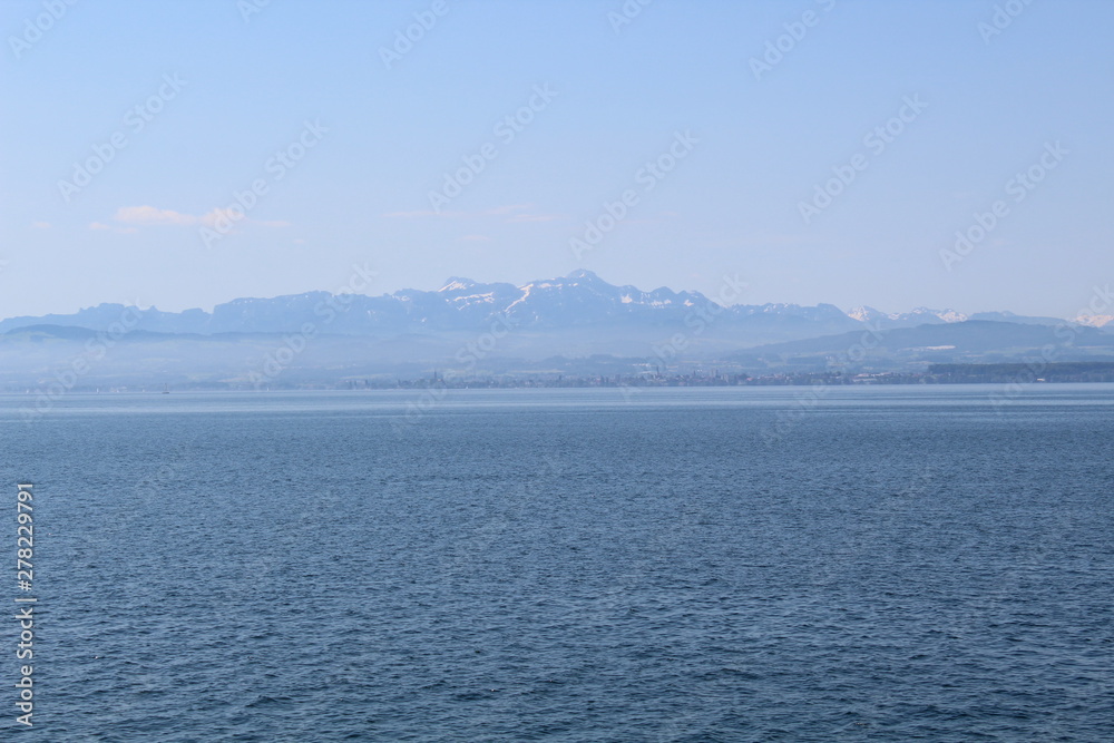 View over Lake Constance on the snow peaks of the Alps on a very clear day