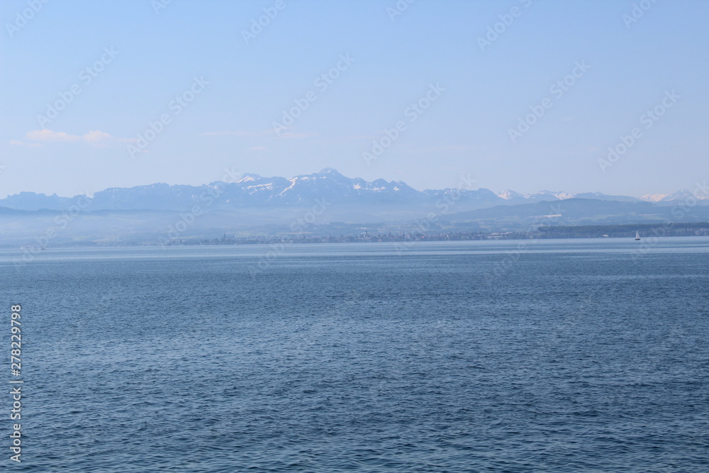 View over Lake Constance on the snow peaks of the Alps on a very clear day