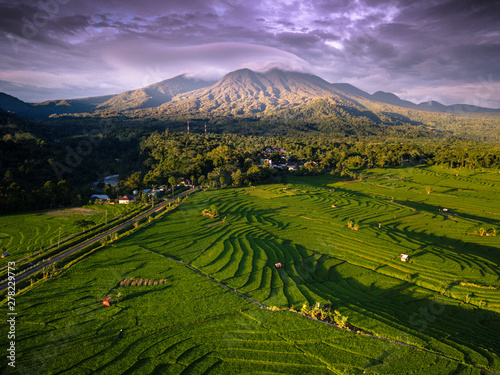 aerial photo beauty landscape paddy fields in north bengkulu, indonesia with amazing mountain range with blue sky