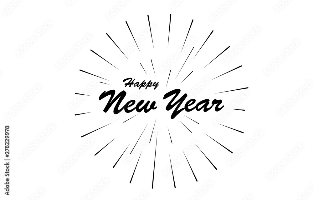 Fototapeta premium Monochrome Happy New Year with spread fireworks. Festival Vector illustration isolated white background. poster card vintage.