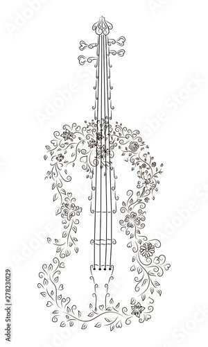 Violin with flowers and hearts doodle style isolated on white background. Vector illustration.