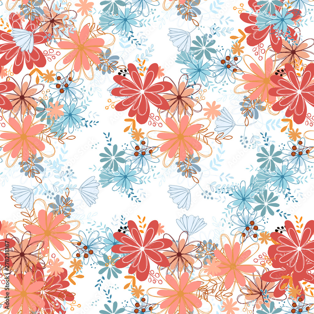 Seamless pattern clear shaped flowers mixed bouguet. Simple flowers in bouguets