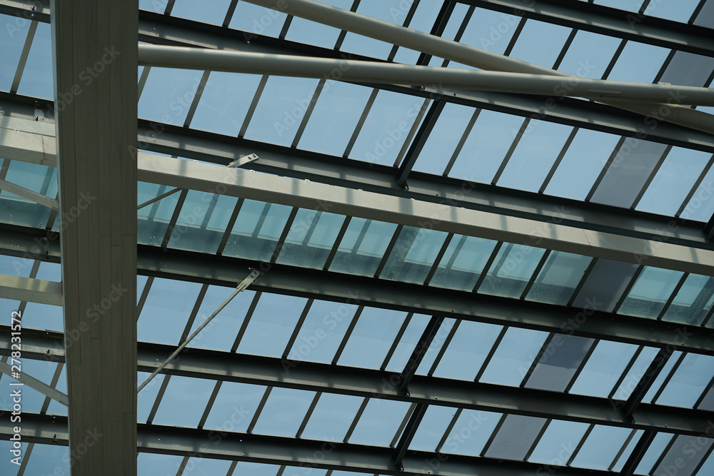Roof top inside metal structure and mirror bottom see sky Roof top inside metal structure and mirror bottom see sky