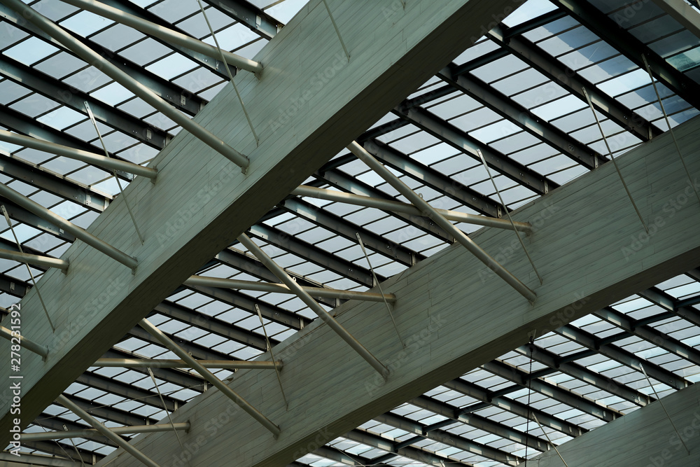Roof top inside metal mess structure and mirror bottom see sky Roof top inside metal mess structure and mirror bottom see sky