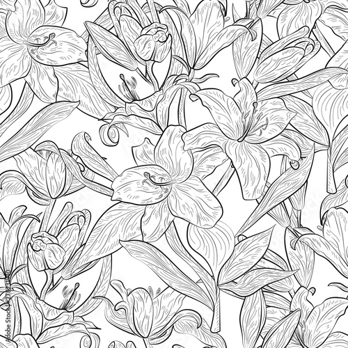 Beautiful seamless pattern with Lily flowers . Vector illustration. 