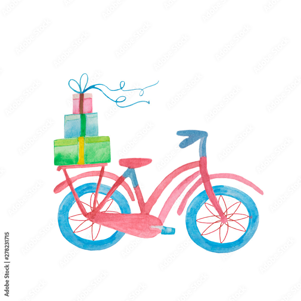 Cartoon watercolor bicycle with a gift isolated on white backgroundHand painted illustration for design kitchen, bio food, menu, healthy eating, textiles
