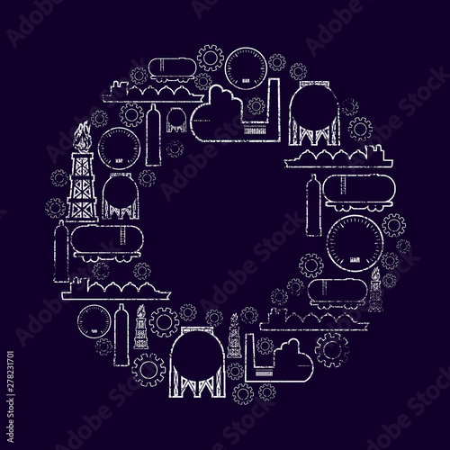 Energy and Power icons set. Design concept of natural gas industry. Circle frame with industrial line icons.