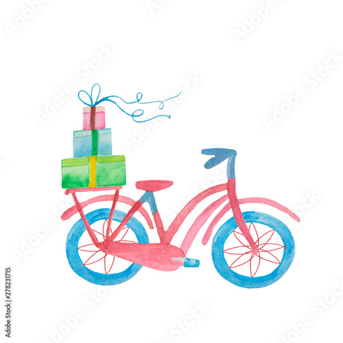 Fototapeta Naklejka Na Ścianę i Meble -  Cartoon watercolor bicycle with a gift isolated on white backgroundHand painted illustration for design kitchen, bio food, menu, healthy eating, textiles
