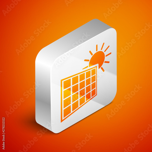 Isometric Solar energy panel and sun icon isolated on orange background. Silver square button. Vector Illustration