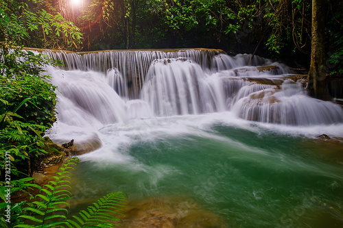 Beautiful nature waterfall in Kanjanaburi  Thailand  Huai Mae Khamin Falls  and forrest