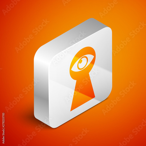 Isometric Keyhole with eye icon isolated on orange background. The eye looks into the keyhole. Keyhole eye hole. Silver square button. Vector Illustration