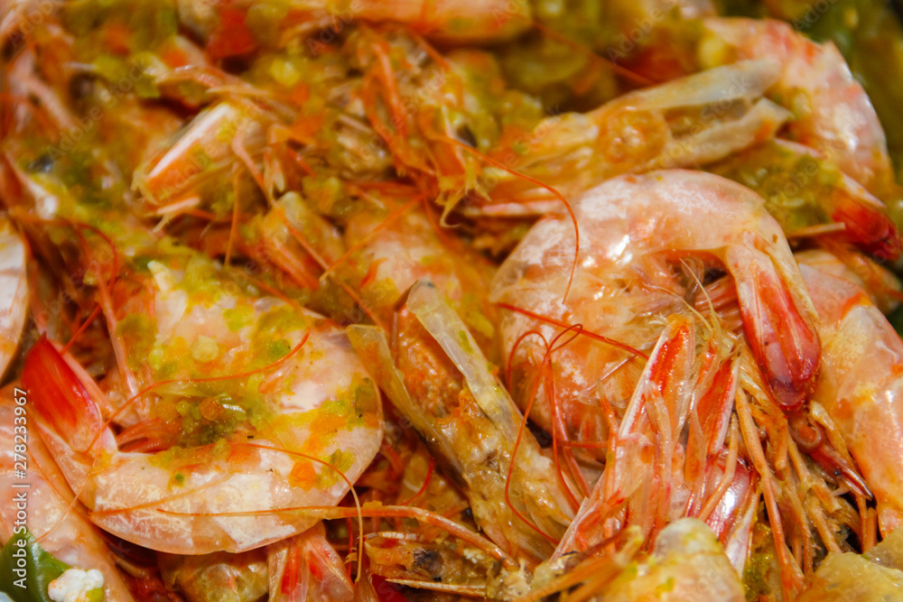 Close-up of baked shrimps. Food background Close-up of baked shrimps. Food background