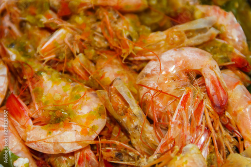 Close-up of baked shrimps. Food background