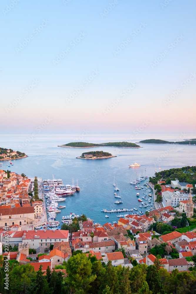 Beautiful view of the city of Hvar, Croatia. Harbor of the old Adriatic island