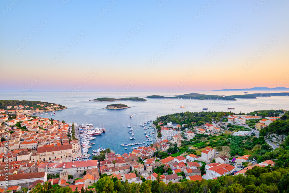 Evening view of Hvar town, Croatia. Harbor of the old Adriatic island