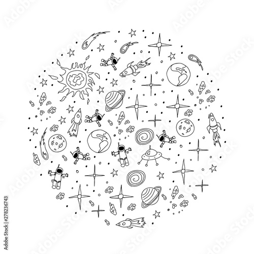Set of hand drawn cosmic objects in circle frame. Doodle vector illustration. Black cartoon drawings on white background.