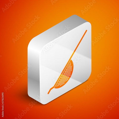 Isometric Kitchen colander icon isolated on orange background. Cooking utensil. Cutlery sign. Silver square button. Vector Illustration