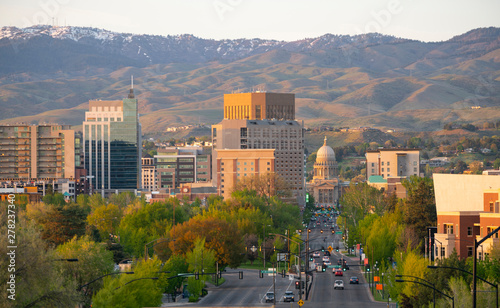 The Idaho State Capital Building Peaks Out Between Structures in Boise