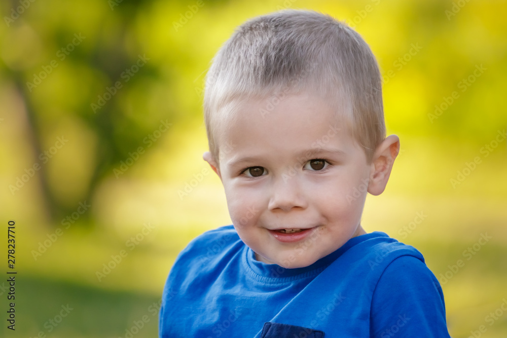 Young white preschool 4 years old boy smiling and looking at the camera on a sunny summer day in the nature Young white preschool 4 years old boy smiling and looking at the camera on a sunny summer day in the nature