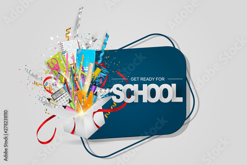 Get ready for school banner with realistic 3d stationery items and an open present box. Vector illustration.