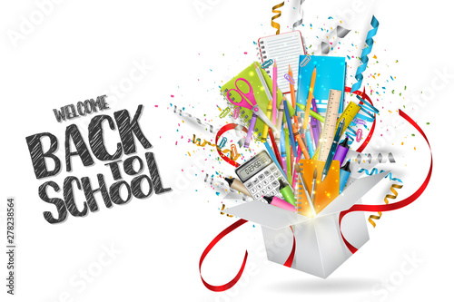 Welcome back to school design. Open gift box with red ribbon band. Study supplies and falling out confetti and ringlets. Advertisement concept. Realistic vector illustration.
