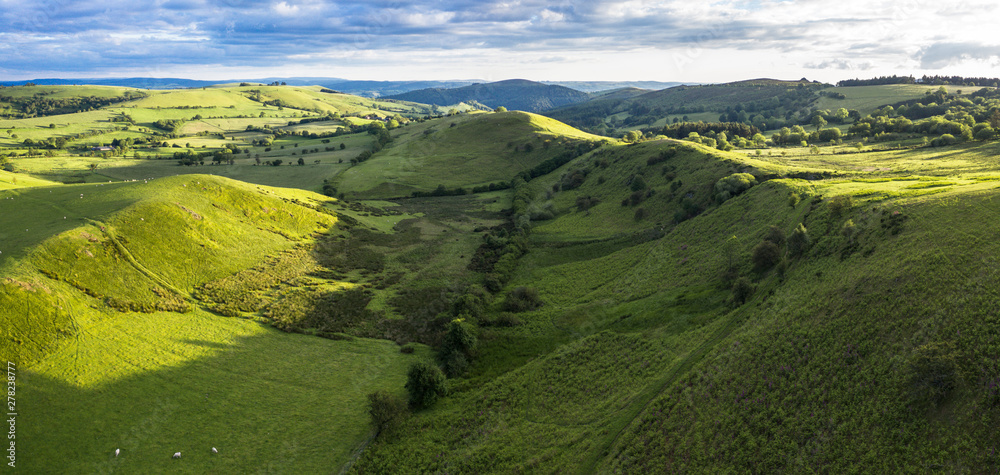 Panoramic View Over Green Countryside Hills in UK