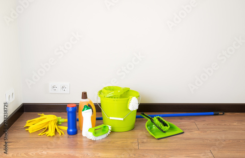 House cleaning - Cleaning accessories on floor room