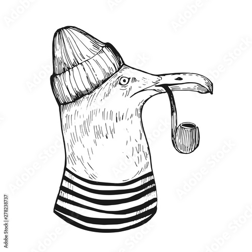 Seagull with a smoking pipe in a sailor suit. Prints for T-shirts. Tattoo sketch. photo